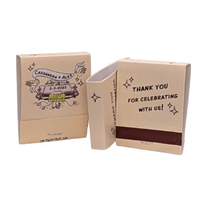 tan matchbook with just married car design