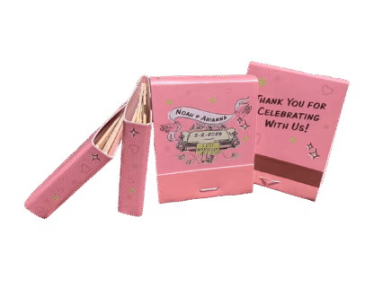 bubblegum pink matchbook with green just married car design