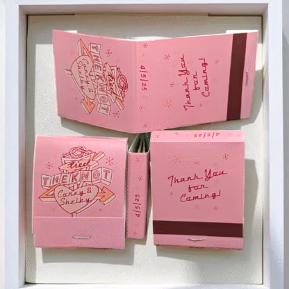 bubblegum pink matchbook with tied the knot vintage sign design