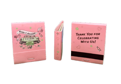 bubblegum pink matchbook with green just married car design