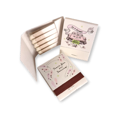ivory matchbook with pink and green just married car design