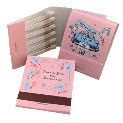 pink matchbook with just married car design