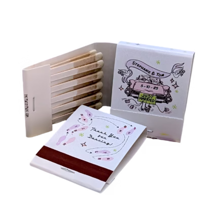 white matchbook with just married car design