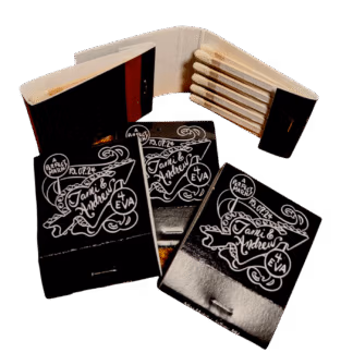 black matchbooks with white custom screen printed logos