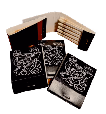 black matchbooks with white custom screen printed logos