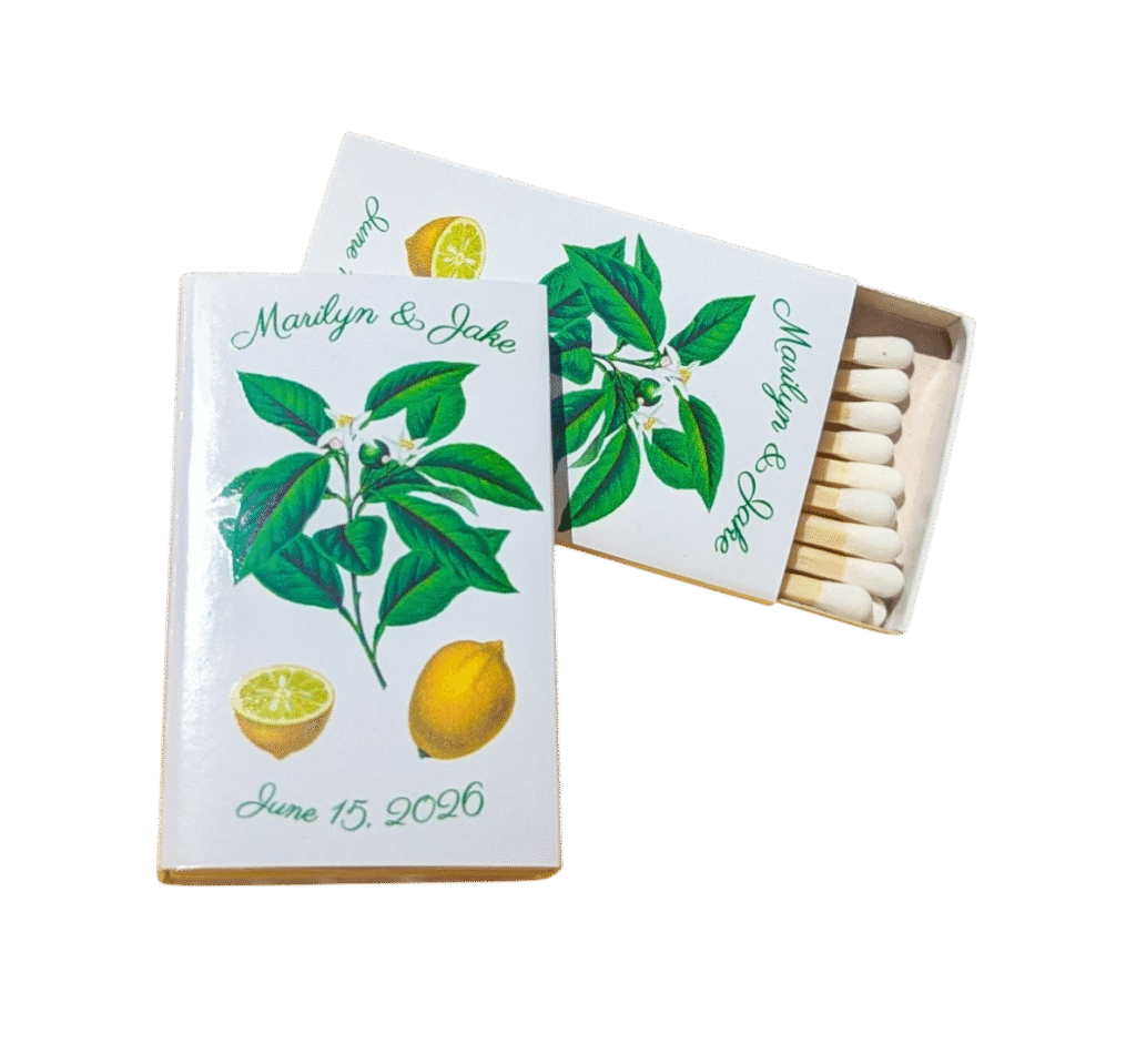 matchboxes with vintage botanical print design lemons