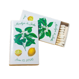 matchboxes with vintage botanical print design lemons