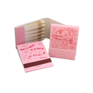 pink matchbook with red custom illustration wedding matches