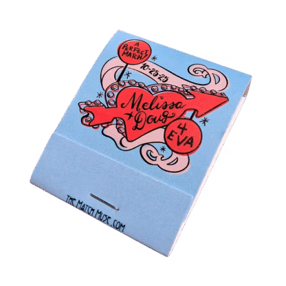 blue las vegas theme lucky in love matchbook with red and pink heart illustration