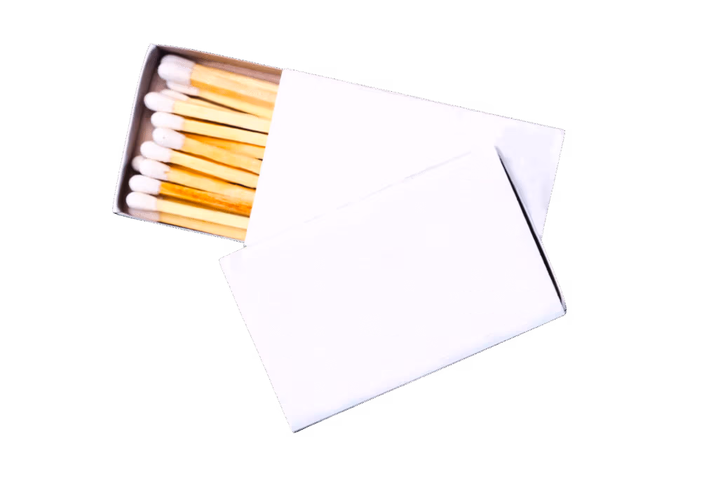 WHITE MATCHBOXES WITH SLIDE DRAWERS AND WOODEN MATCHSTICKS WITH WHITE TIPS
