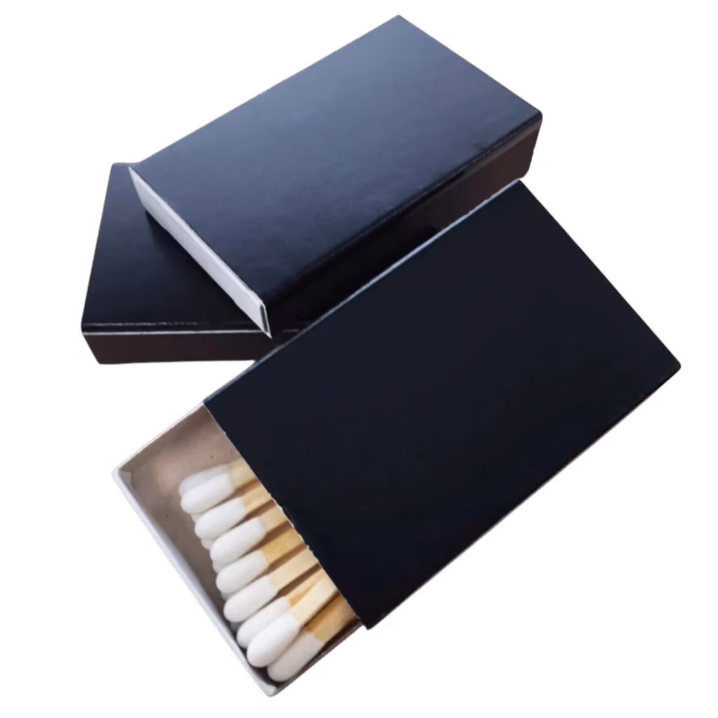 black matchboxes with white tipped wooden matches