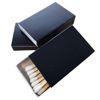 black matchboxes with white tipped wooden matches