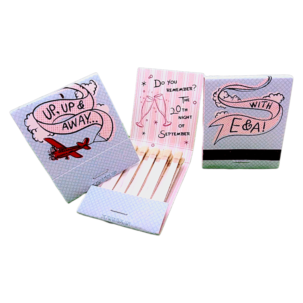 cute kitschy retro wedding matchbooks with airplane and banner up & away!