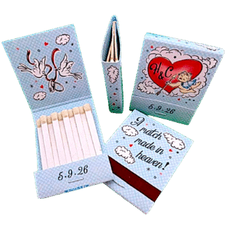 matchbooks with cupid heart doves clouds illustrations "match made in heaven"