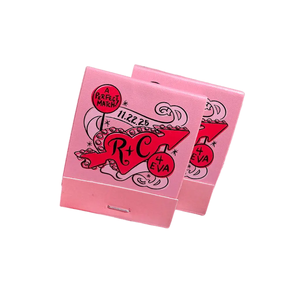 two pink matchbooks with red heart shaped vintage diner sign illustration