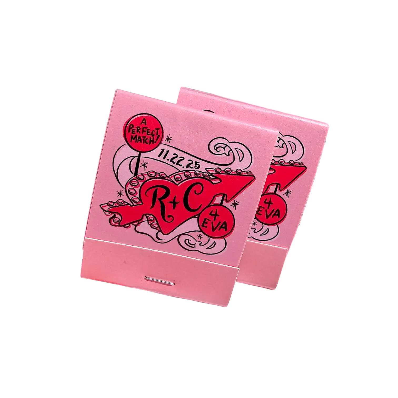 two pink matchbooks with red heart shaped vintage diner sign illustration