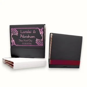 personalized Art nouveau matches with metallic print of floral design with names & date 30-strike size